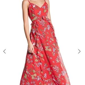 Nanette lepore ruffled Tangerine Floral maxi dress vneck ruffles wedding…